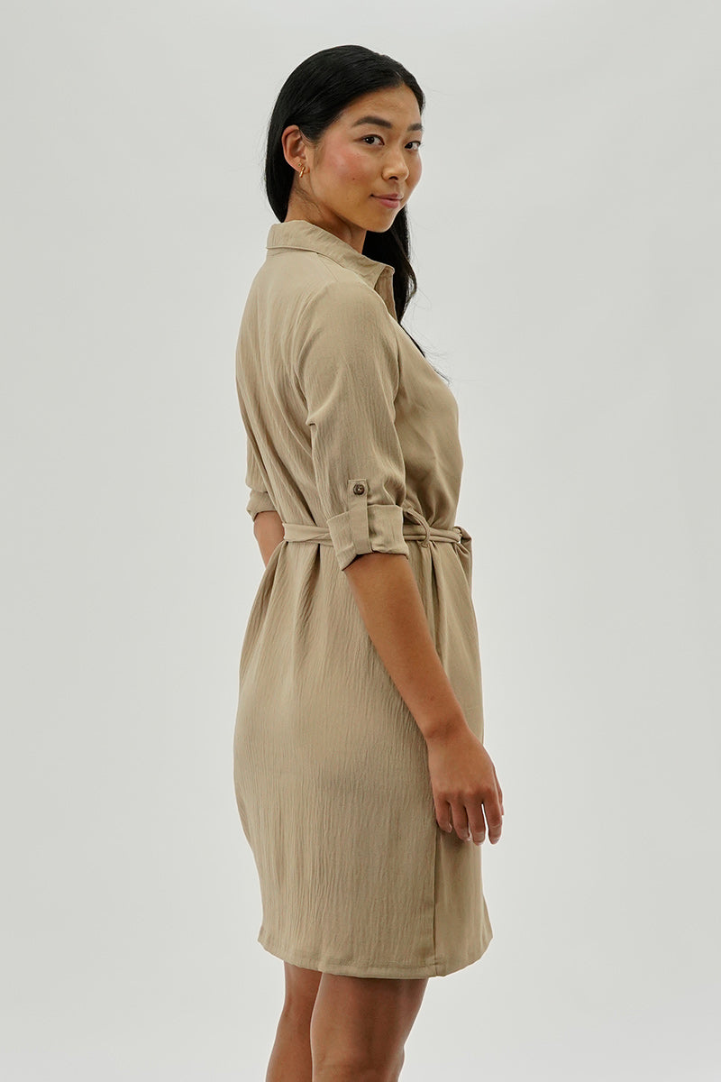Belted Button Up Day Dress - Beige Belted Button Up Day Dress - Beige