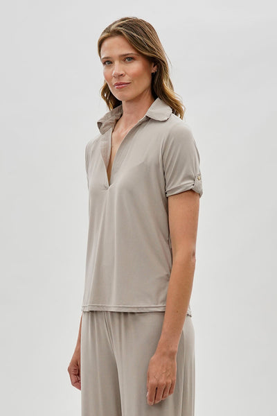 Costa Blanca Short Sleeve Split Neck Blouse - Stone - Womens Shirts & Blouses - Fairweather