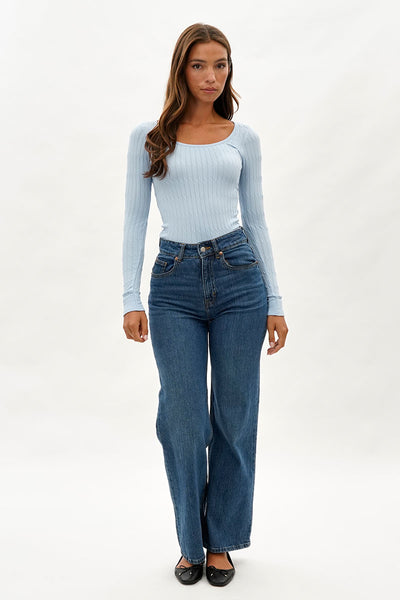 International INC Company Ribbed Scoop Neck Long Sleeve Top - Blue - Womens Long Sleeve Tops - Fairweather