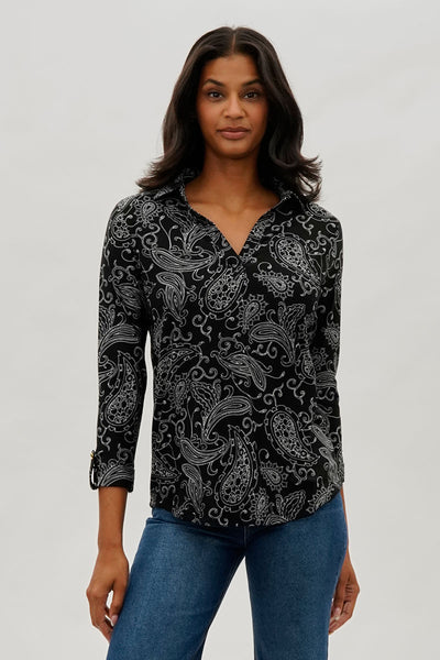 International INC Company Paisley Print Split Neck Blouse - Black - Womens Shirts & Blouses - Fairweather