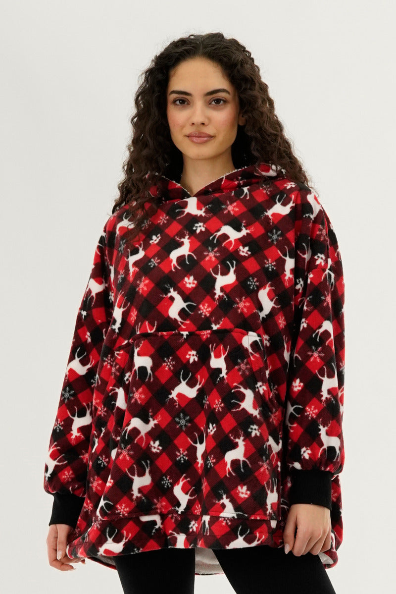 Canada Weather Gear Festive Print Oversided Hooded Pajama Top - Red - Womens Pajamas - Fairweather