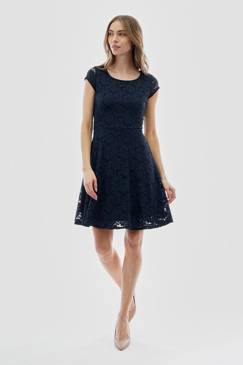 Costa Blanca Floral Lace Cap Sleeve Day Dress - Navy - Womens Day Dresses - Fairweather