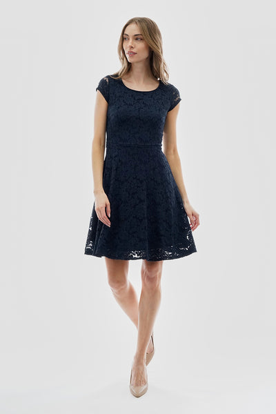 Costa Blanca Floral Lace Cap Sleeve Day Dress - Navy - Womens Day Dresses - Fairweather