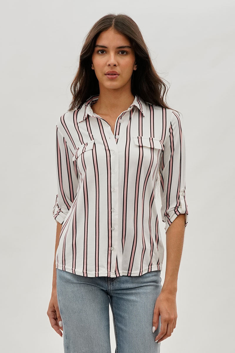 Majora Striped Collared Blouse - White - Womens Shirts & Blouses - Fairweather