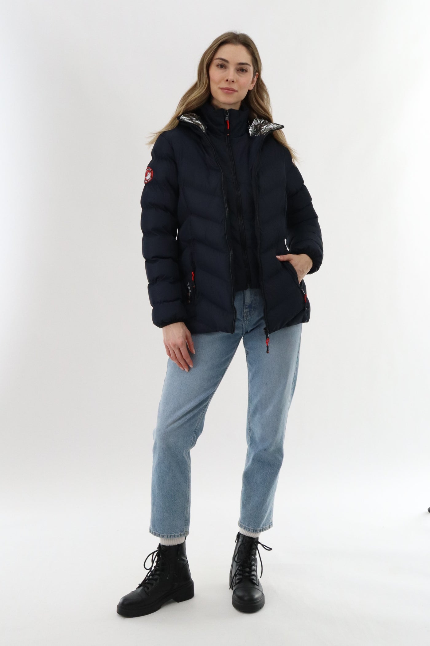 Canada Weather Gear Quilted Puffer Double Zip Bomber Jacket - Navy - Womens Bomber Jackets - Fairweather