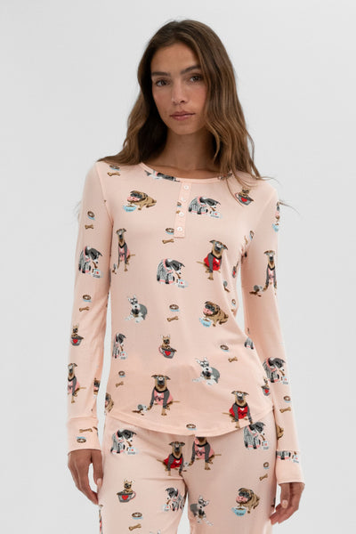 Canada Weather Gear Dog Print Henley Pajama Top - Blush - Womens Pajamas - Fairweather