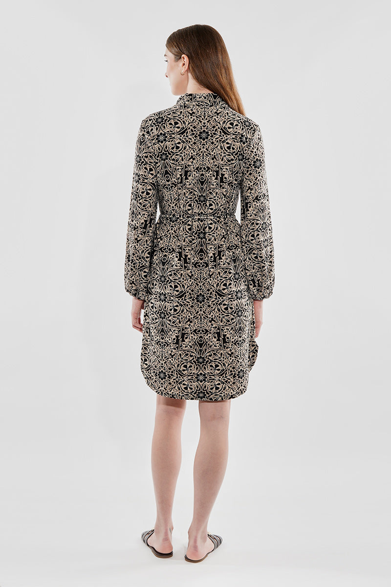 Beechers Brook Floral Tie Waist Long Sleeve Day Dress - Black