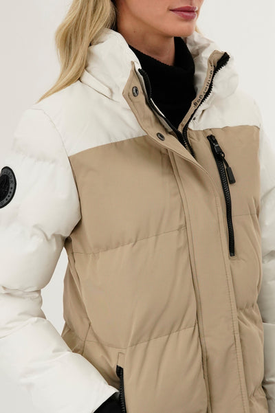 Camada Weather Gear Colour Block Puffer Parka Jacket - Beige - Womens Parka Jackets - Fairweather