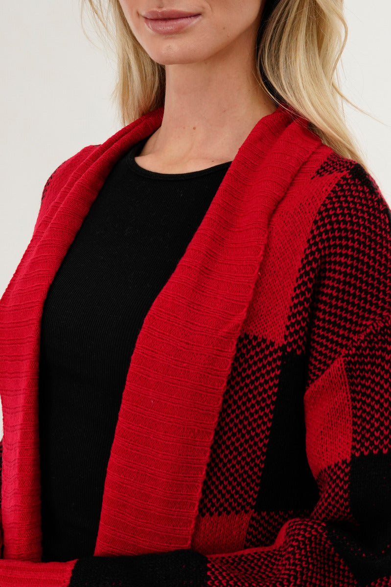 Canada Weather Gear Plaid Knit Fold Over Cardigan - Red - Womens Cardigans - Fairweather
