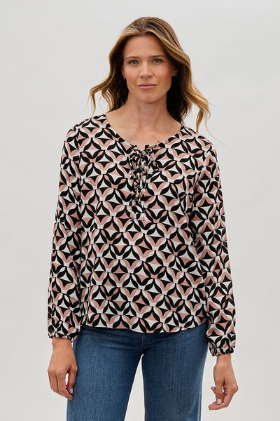 Beechers Brook Patterned Lace Up Blouse - Black - Womens Shirts & Blouses - Fairweather