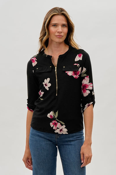 International INC Company Floral 1/4 Zip Shirt - Black - Womens Shirts & Blouses - Fairweather