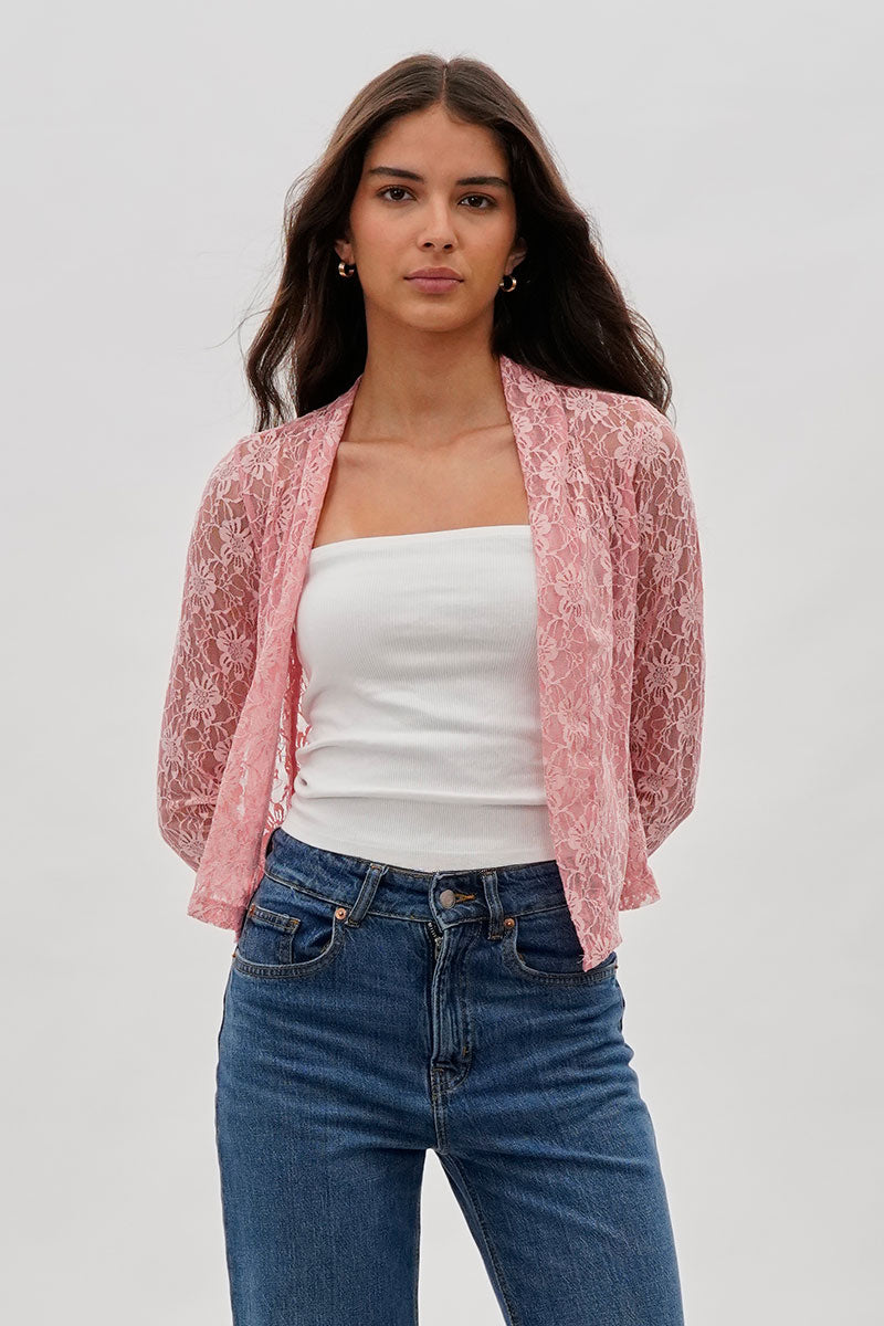 Impress Floral Lace Shrug Cardigan - Pink - Womens Cardigans - Fairweather