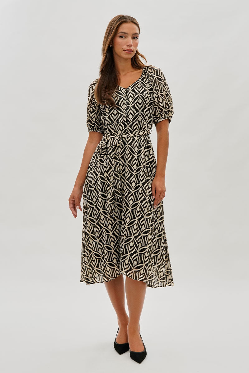 Costa Blanca Patterned Puff Sleeve Midi Dress - Black - Womens Midi Dresses - Fairweather