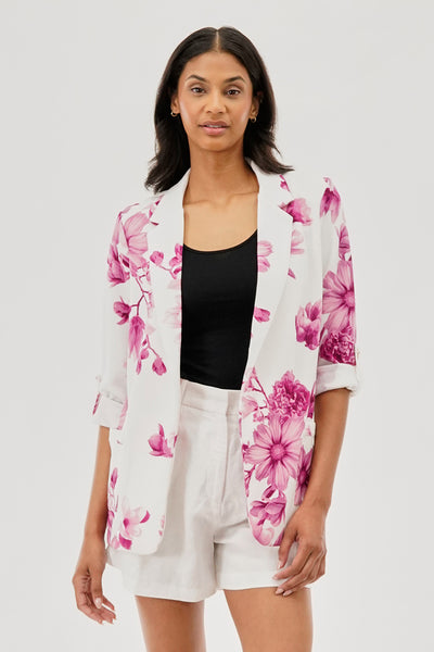 Costa Blanca Floral Roll Up Sleeve Open Blazer - Pink - Womens Blazers - Fairweather
