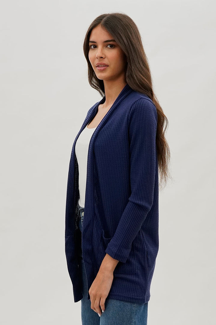Fahrenheit Open Front Waffle Knit Cardigan - Navy