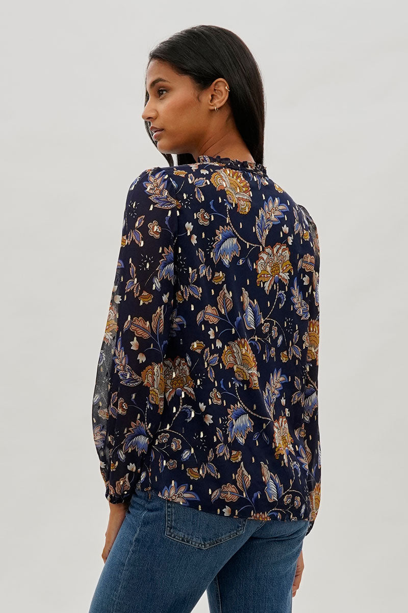 Beechers Brook Floral Tie-Neck Long Sleeve Blouse - Navy - Womens Shirts & Blouses - Fairweather