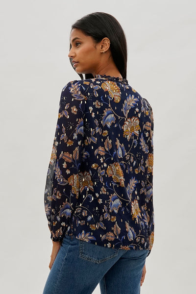 Beechers Brook Floral Tie-Neck Long Sleeve Blouse - Navy - Womens Shirts & Blouses - Fairweather