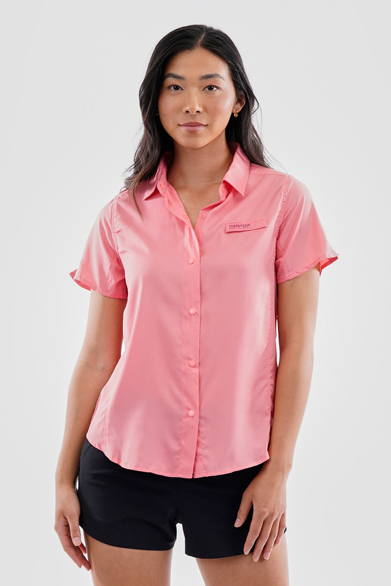 Canada Weather Gear Solid Short Sleeve Button Up Shirt - Pink - Womens Shirts & Blouses - Fairweather