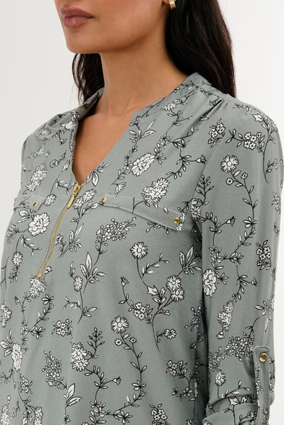 International INC Company Floral 1/4 Zip Blouse - Green - Womens Shirts & Blouses - Fairweather
