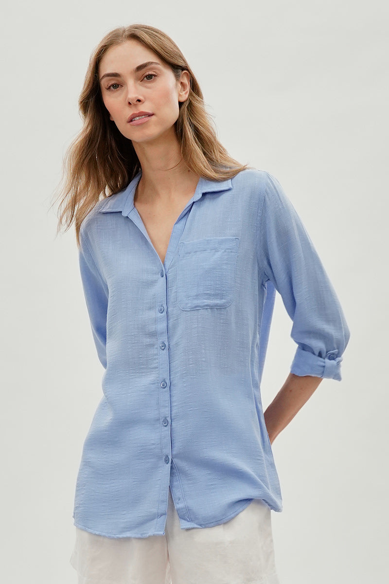 Super Triple Goose Vintage Textured Button Up Shirt - Blue - Womens Shirts & Blouses - Fairweather