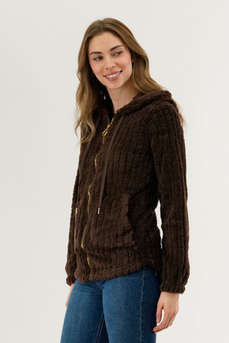 Fahrenheit Plush Hooded Zip Up Lightweight Jacket - Brown