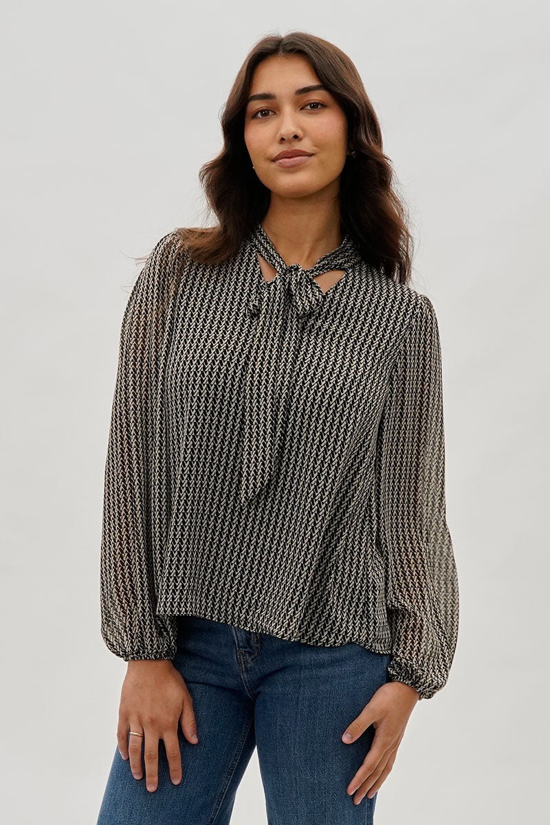Beechers Brook Tie-Neck Long Sleeve Blouse - Black - Womens Shirts & Blouses - Fairweather