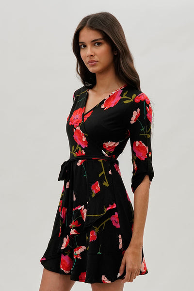 International INC Company Belted Floral Day Dress - Black - Womens Day Dresses - Fairweather