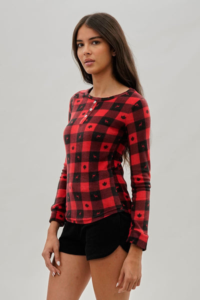 Canada Weather Gear Plaid Leaf Print Henley Pajama Top - Red - Womens Pajamas - Fairweather