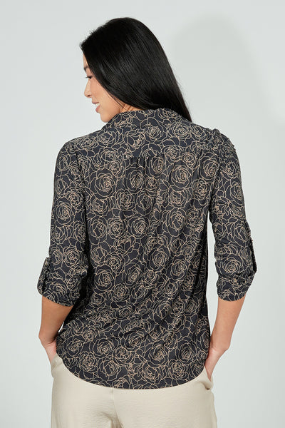 Beechers Brook Floral Button Down Roll Up Sleeve Blouse - Black - Womens Shirts & Blouses - Fairweather