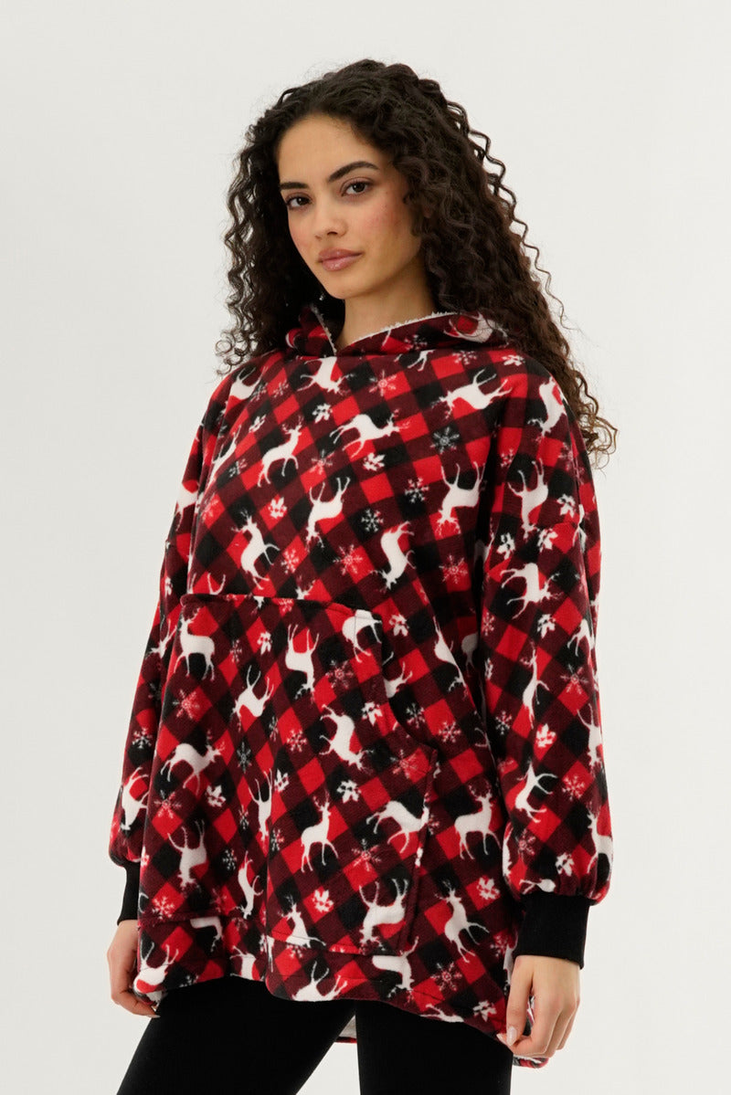 Canada Weather Gear Festive Print Oversided Hooded Pajama Top - Red - Womens Pajamas - Fairweather