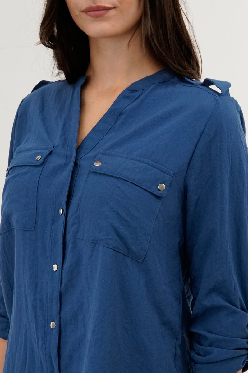 Runaway Bay Roll Up Sleeve Utility Pocket Blouse - Navy - Womens Shirts & Blouses - Fairweather