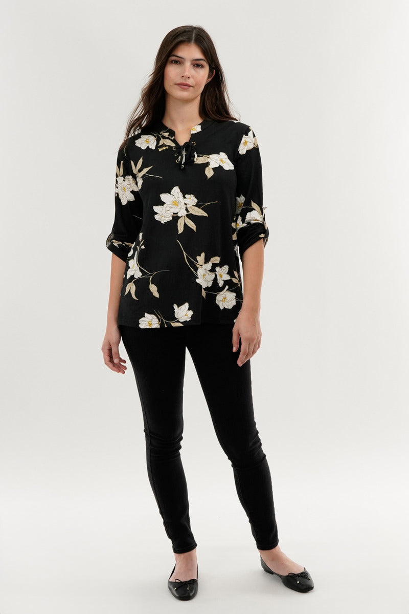 Majora Floral Lace Up Blouse - Black - Womens Shirts & Blouses - Fairweather
