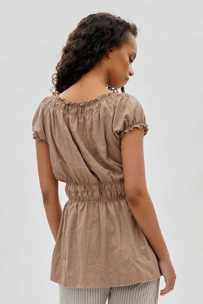 Runaway Bay Cinched Short Sleeve Blouse - Taupe - Womens Shirts & Blouses - Fairweather