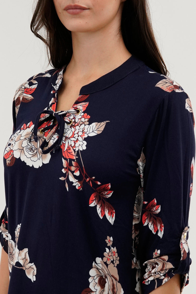 Majora Floral Lace Up Blouse - Navy - Womens Shirts & Blouses - Fairweather