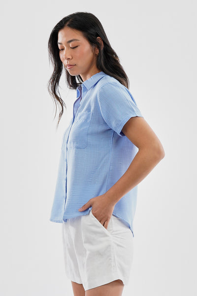 Super Triple Goose Vintage Short Sleeve Button Up Textured Shirt - Blue - Womens Shirts & Blouses - Fairweather