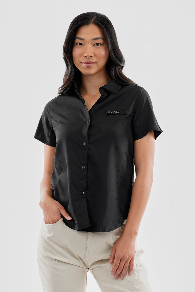 Canada Weather Gear Solid Short Sleeve Button Up Shirt - Black - Womens Shirts & Blouses - Fairweather
