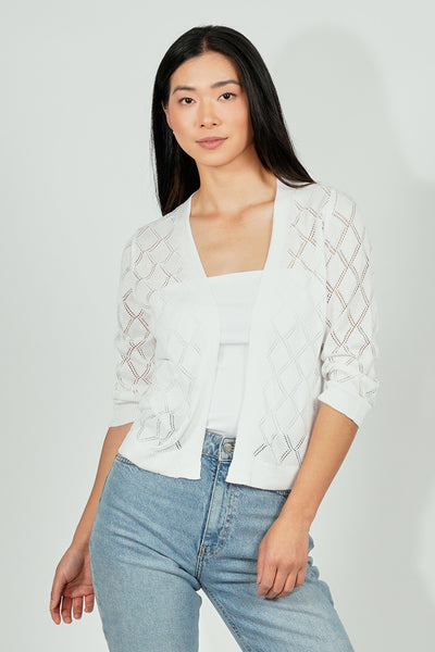 Beechers Brook Diamond Knit 3/4 Sleeve Open Cardigan - White - Womens Cardigans - Fairweather