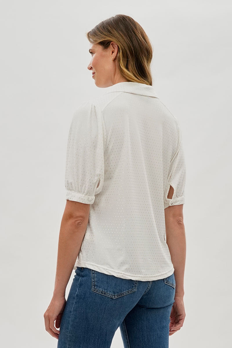 Beechers Brook Patterned Puff Sleeve Button Down Blouse - White - Womens Shirts & Blouses - Fairweather