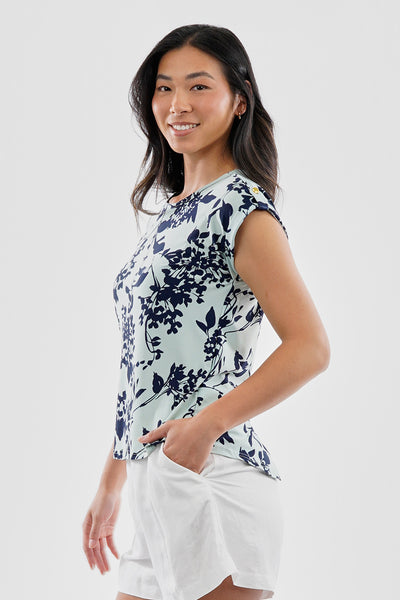 Beechers Brook Floral Cap Sleeve Back Slit Tee - Aqua - Womens Tees & Tank Tops - Fairweather
