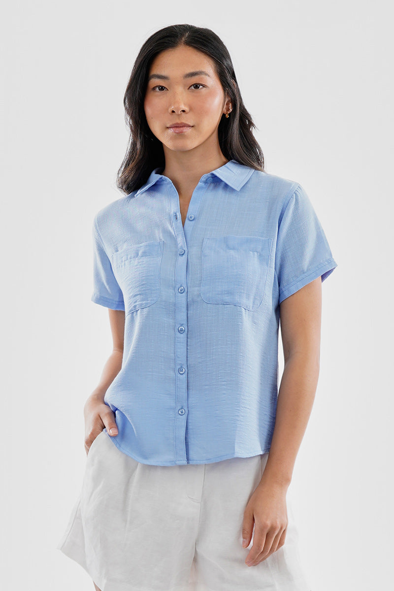 Super Triple Goose Vintage Short Sleeve Button Up Textured Shirt - Blue - Womens Shirts & Blouses - Fairweather