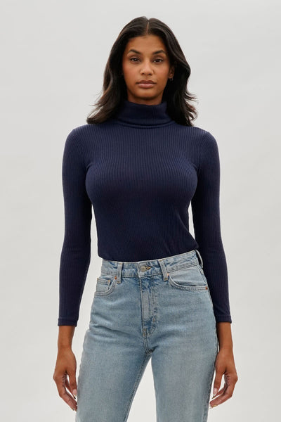 Magazine Ribbed Turtleneck Pullover Sweater - Navy - Womens Tees & Tank Tops - Fairweather