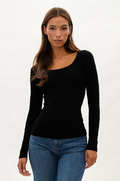 International INC Company Ribbed Scoop Neck Long Sleeve Top - Black - Womens Long Sleeve Tops - Fairweather
