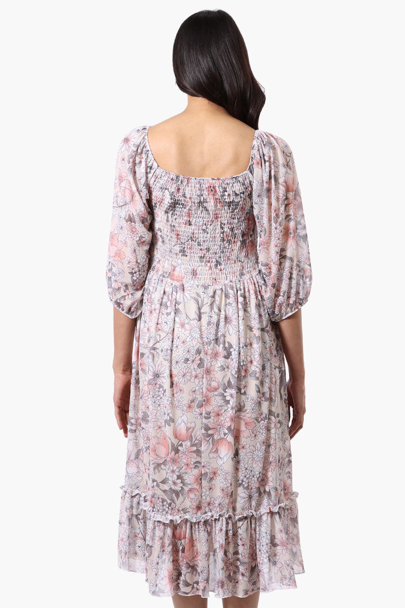 Costa Blanca Floral Tiered Sheer Sleeve Midi Dress - Cream - Womens Midi Dresses - Fairweather
