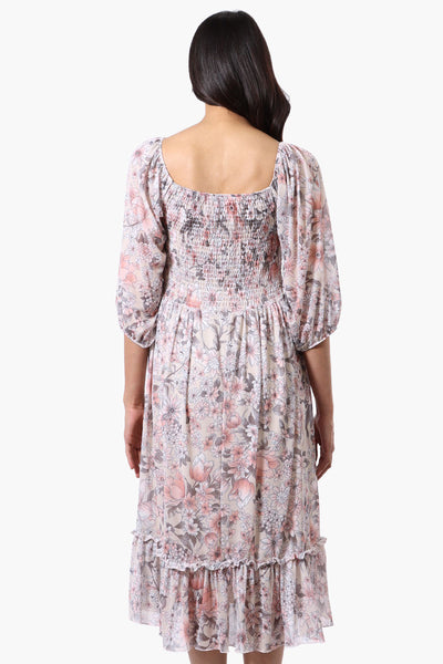 Costa Blanca Floral Tiered Sheer Sleeve Midi Dress - Cream - Womens Midi Dresses - Fairweather