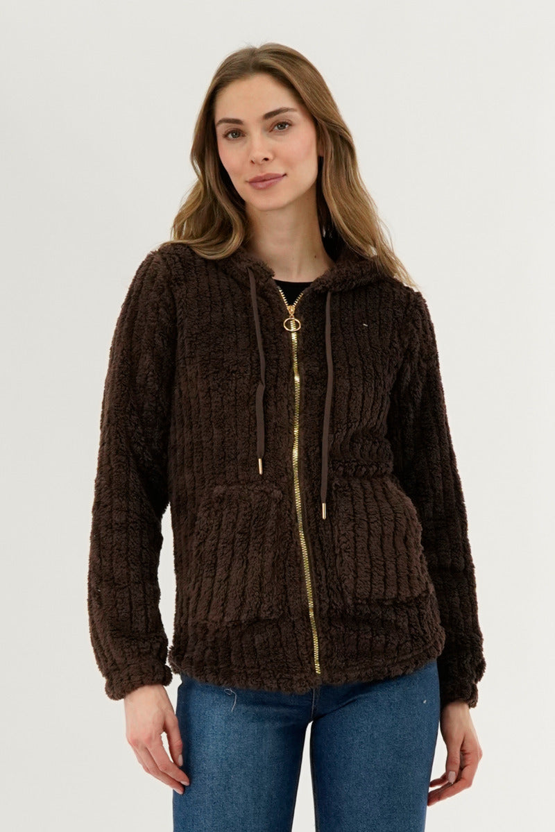 Fahrenheit Plush Hooded Zip Up Lightweight Jacket - Brown