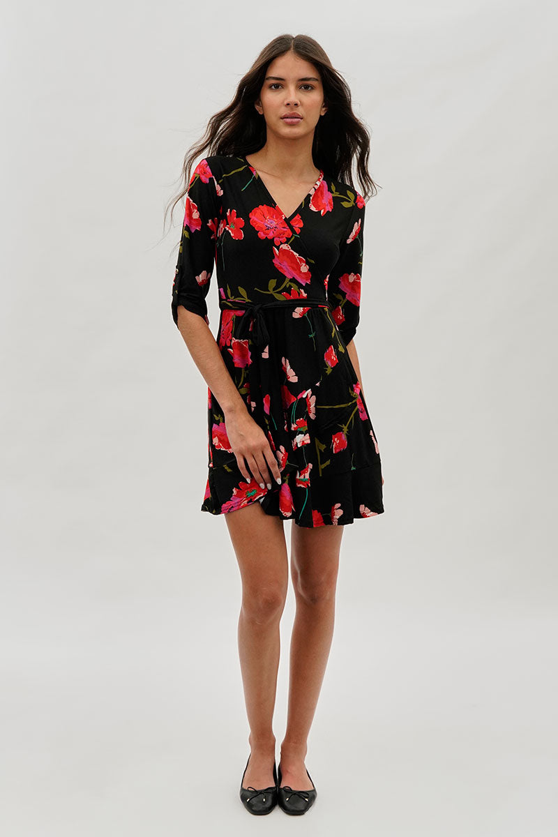 International INC Company Belted Floral Day Dress - Black - Womens Day Dresses - Fairweather
