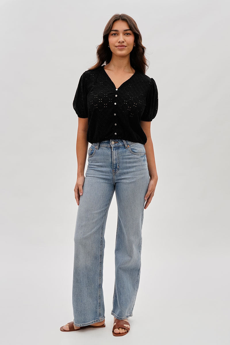 Beechers Brook Button Down Eyelet Blouse - Black - Womens Shirts & Blouses - Fairweather