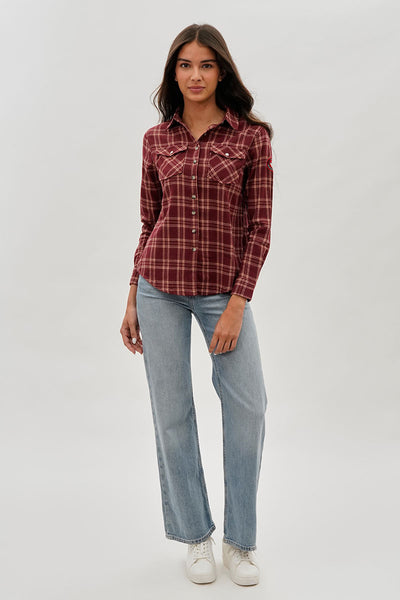 Canada Weather Gear Plaid Button Up Shirt - Burgundy - Womens Shirts & Blouses - Fairweather