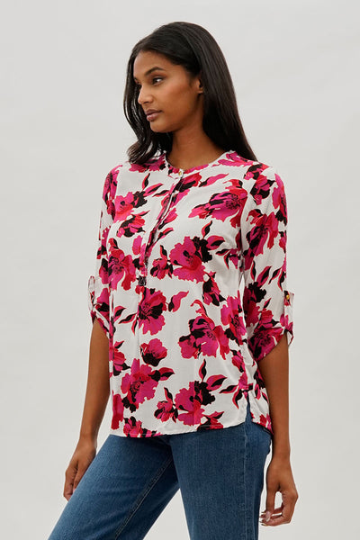 International INC Company Floral Roll Up Sleeve Blouse - White - Womens Shirts & Blouses - Fairweather