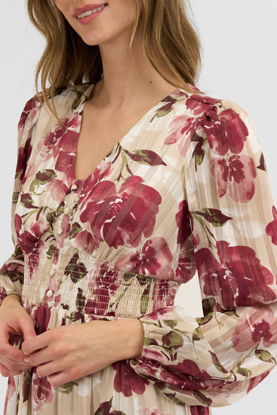 Costa Blanca Floral Long Sleeve Chiffon Maxi Dress - Beige - Womens Maxi Dresses - Fairweather